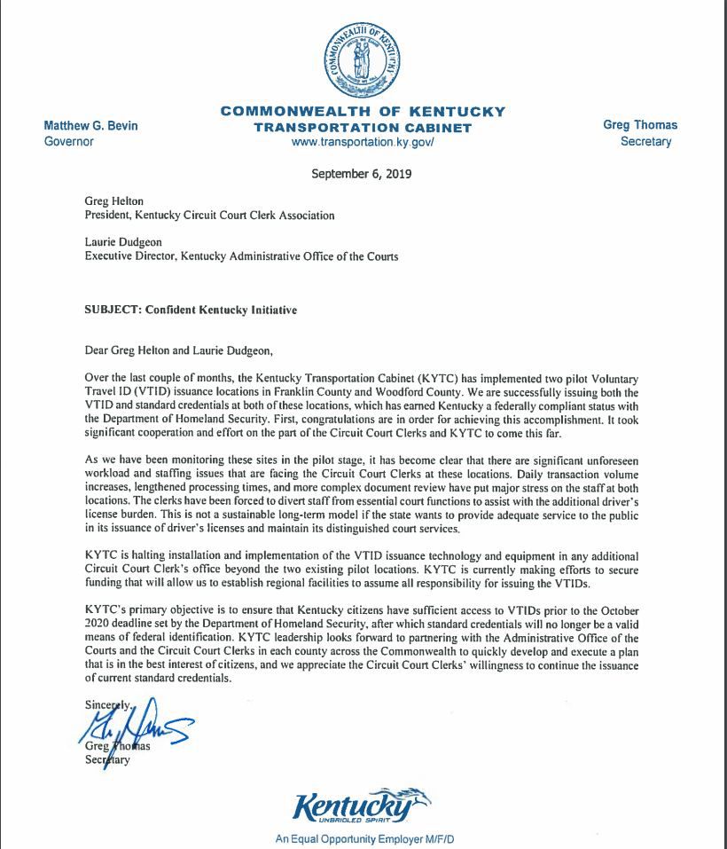 KYTC Letter on Real Ids